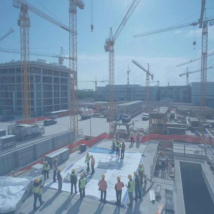 Engineering and construction teams collaborating on-site and reviewing project plans, demonstrating integrated project delivery with coordinated execution across MEP, contracting, and design disciplines.